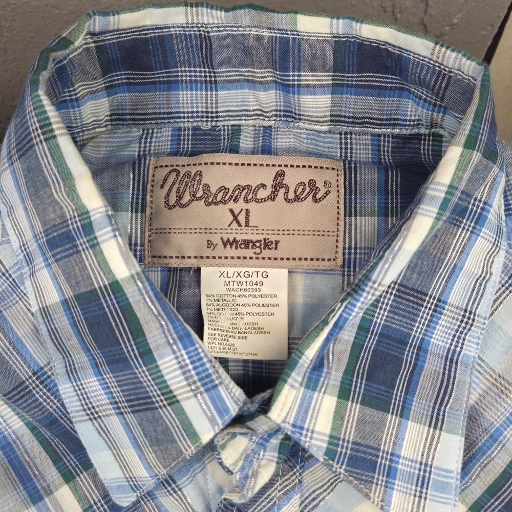 Wrangler Wrancher Mens XL Blue Plaid Cotton Blend Western Pearl Snap Shirt LS